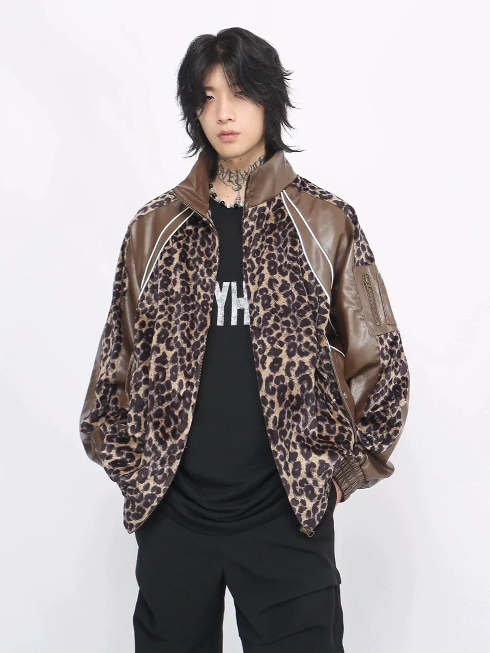 Stand Neck Leopard Print PU Leather Mix Jacket