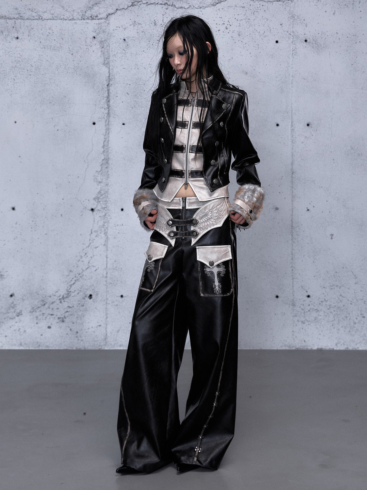 Lace Panel Buckle Detail Wide Leg PU Leather Pants