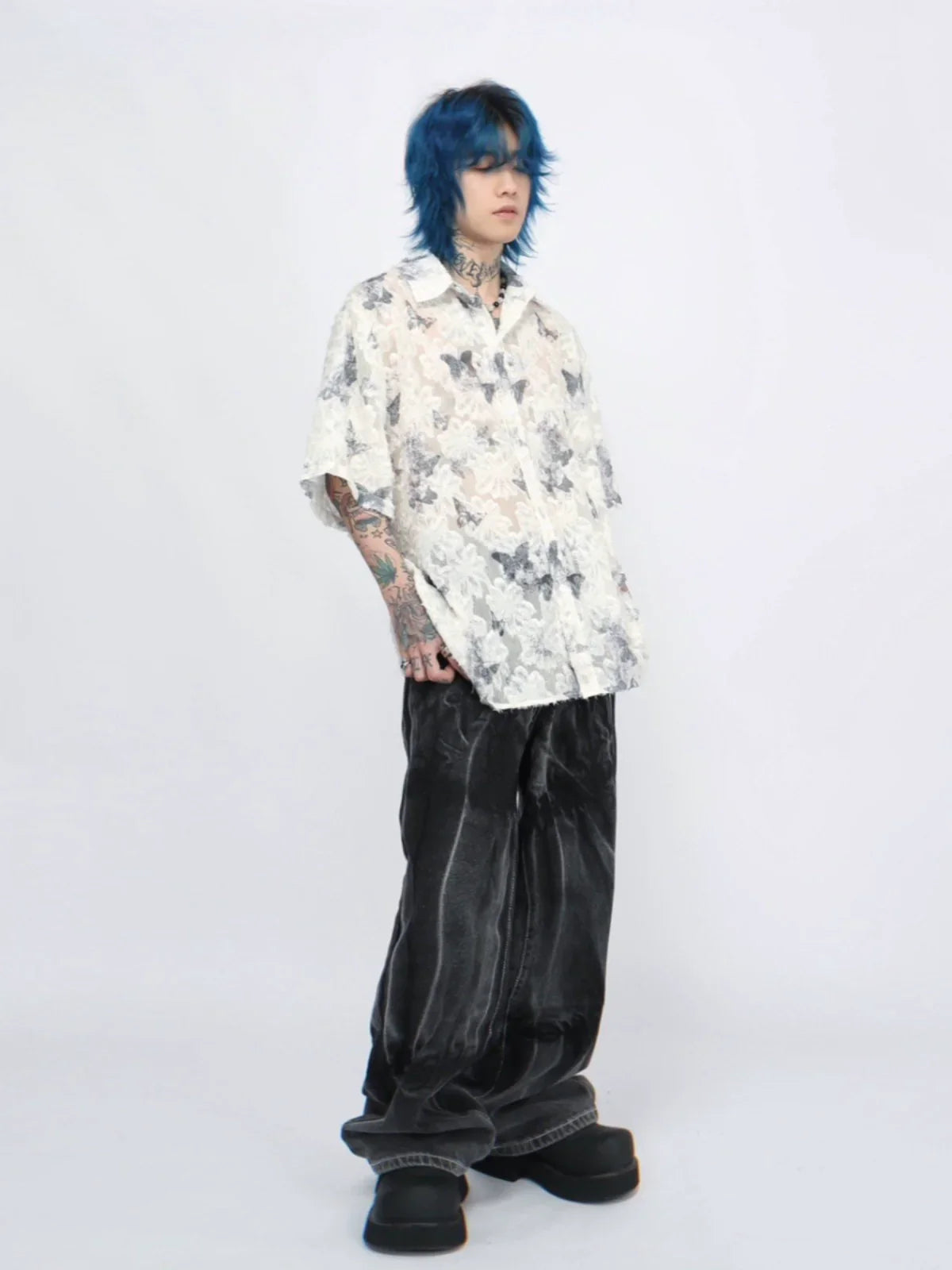 Butterfly Full Print Oversize Sheer Short Sleeve Shirt