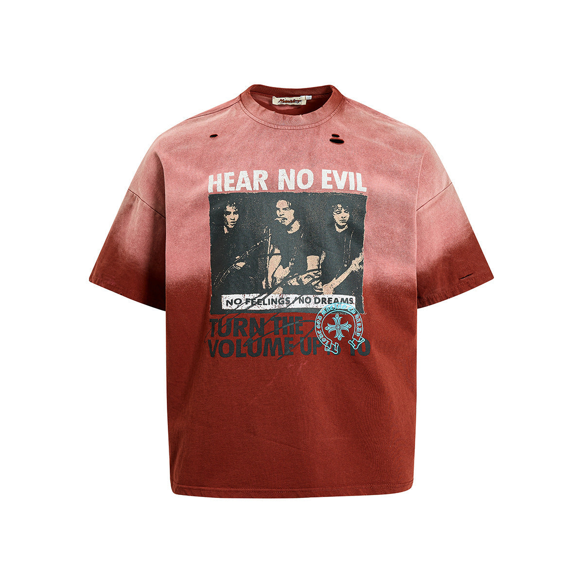 Washed Damage Portrait Print Short Sleeve T-Shirt