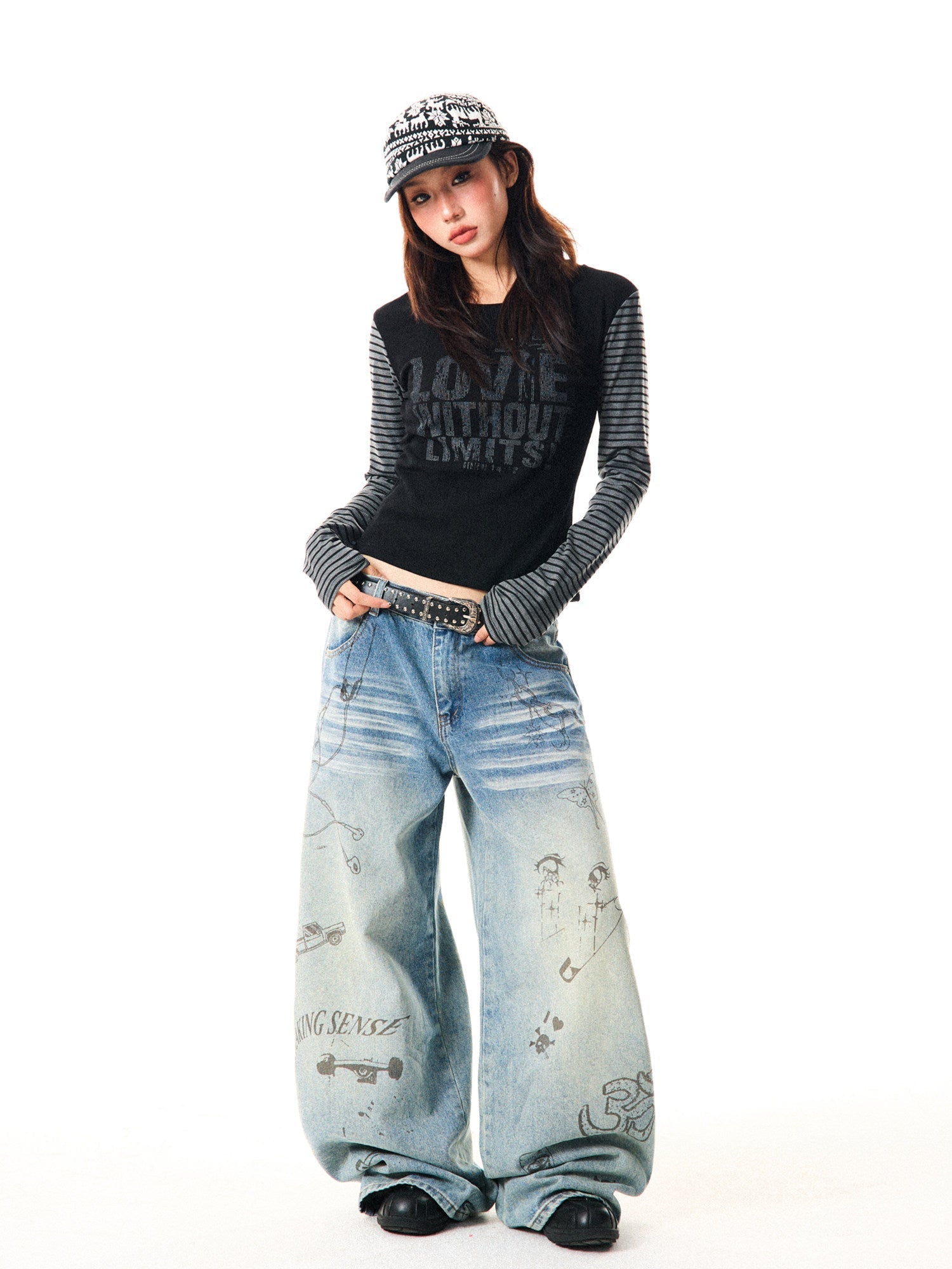 Washed Graffiti Print Wide Leg Denim Jeans