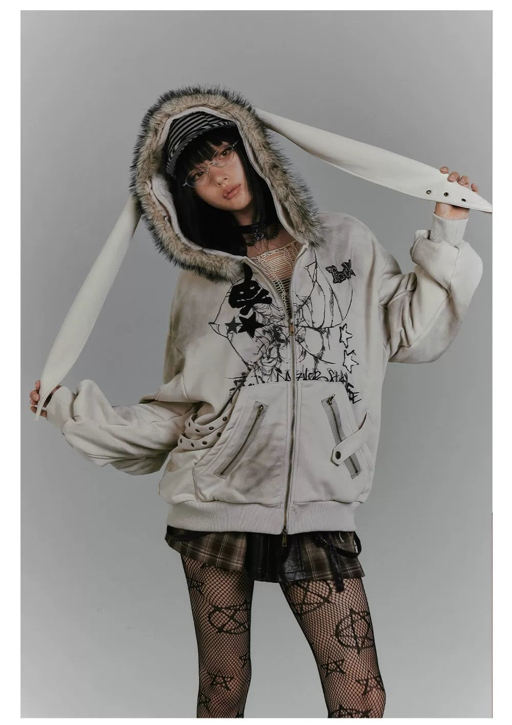 Graphic Fake Fur Hood Bunny Ear Zipper Hoodie Jacket