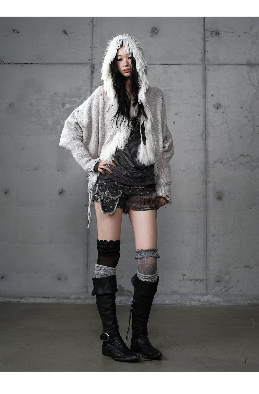 Fake Fur Trim Drawstring Oversize Knit Cardigan