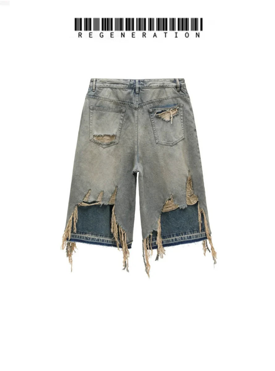 Washed Whisker Patchwork Half Denim Jeans
