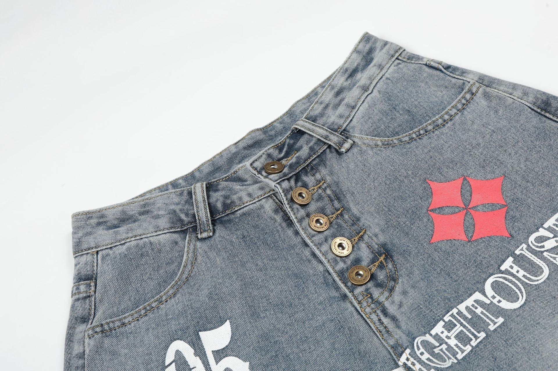 Button Fly Curved Wide Leg Denim Jeans