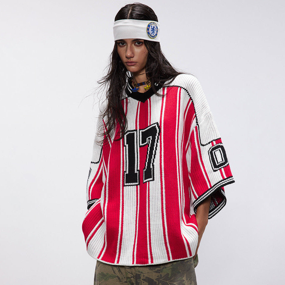 Number Stripe V-Neck Short Sleeve Knit T-shirt