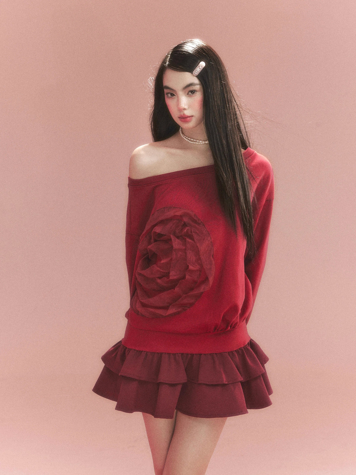 Flower Ruffle Sweatshirt Mix Dress