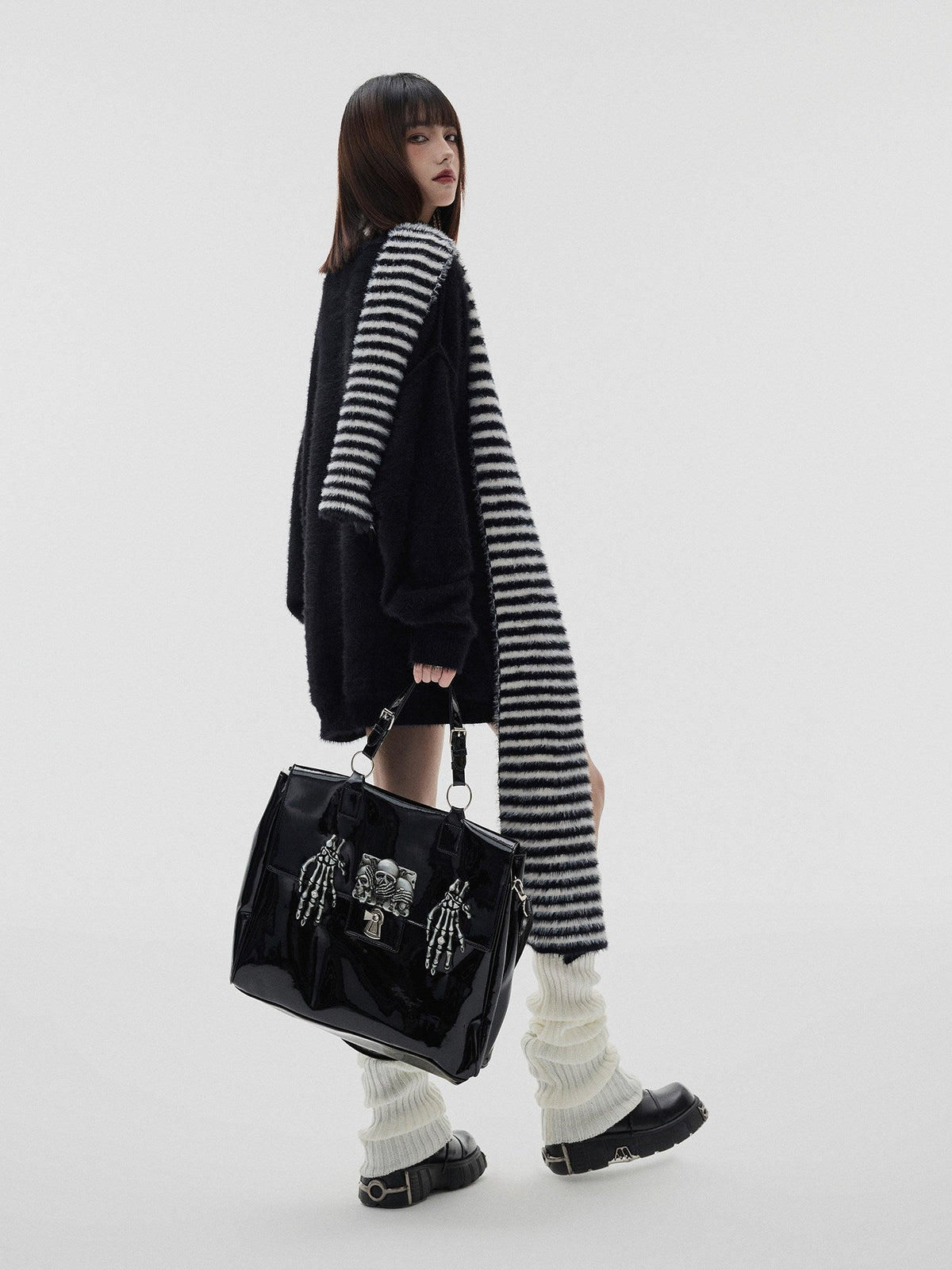 Mohair Skull Pattern Oversize V-Neck Knit Cardigan & Striped Scarf
