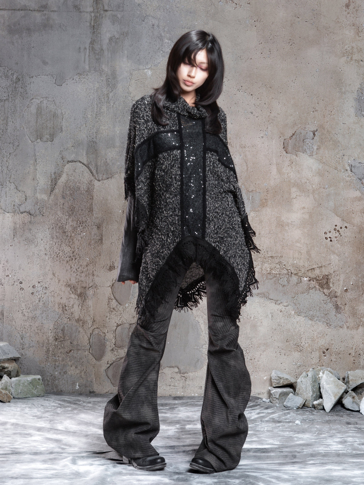 Punk Cross Cape Asymmetric Fringe Knit Sweater