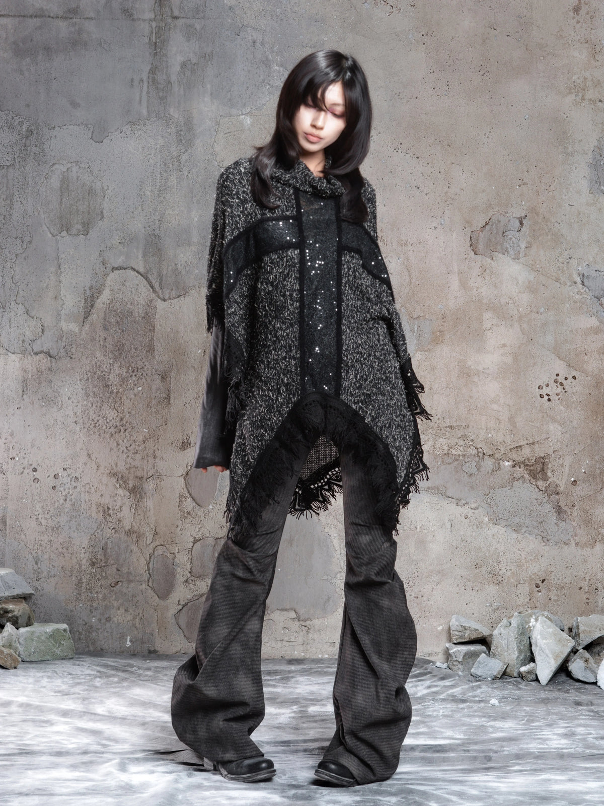 Punk Cross Cape Asymmetric Fringe Knit Sweater