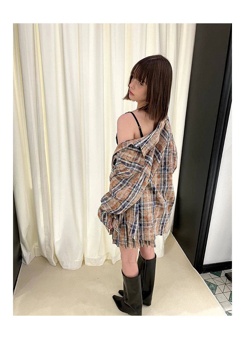 Checkered Washed Oversize Long Sleeve Shirt & Pleated Short Skirt Setup