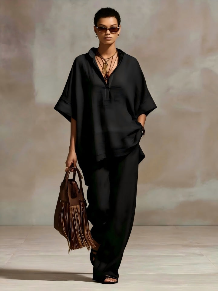 2 Piece Summer Set Loose V Neck Batwing Top & Wide Leg Pants