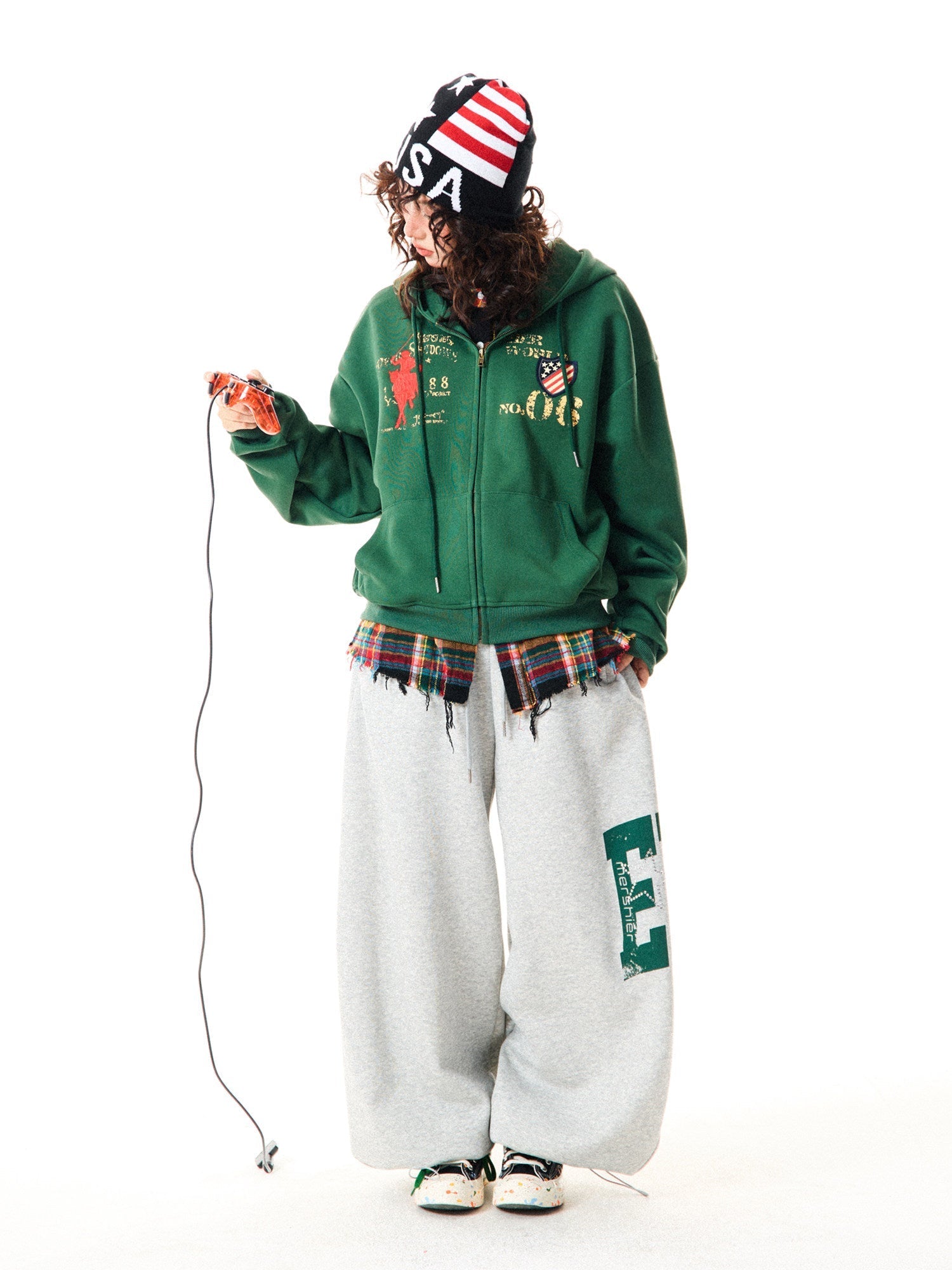 Letter Embroidery Washed Zipper Hoodie