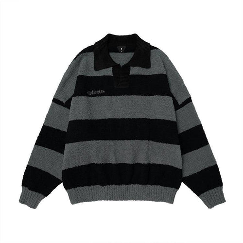 Unisex Retro Geborduurde Polo Gestreepte Trui - zwart / S