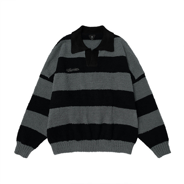 Unisex Retro Embroidered Polo Striped Sweater