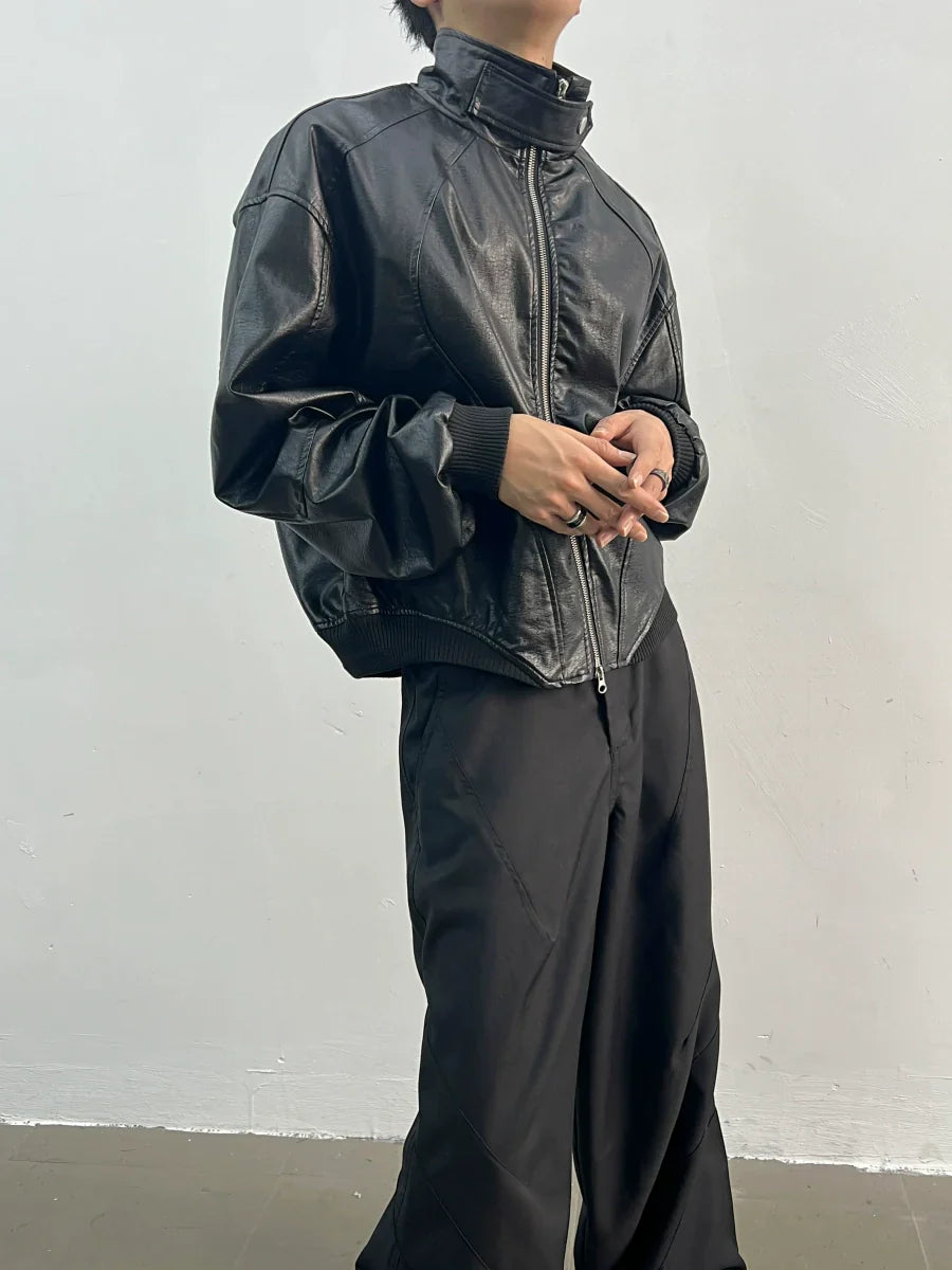 Stand Neck Shoulder Pad Short PU Leather Jacket
