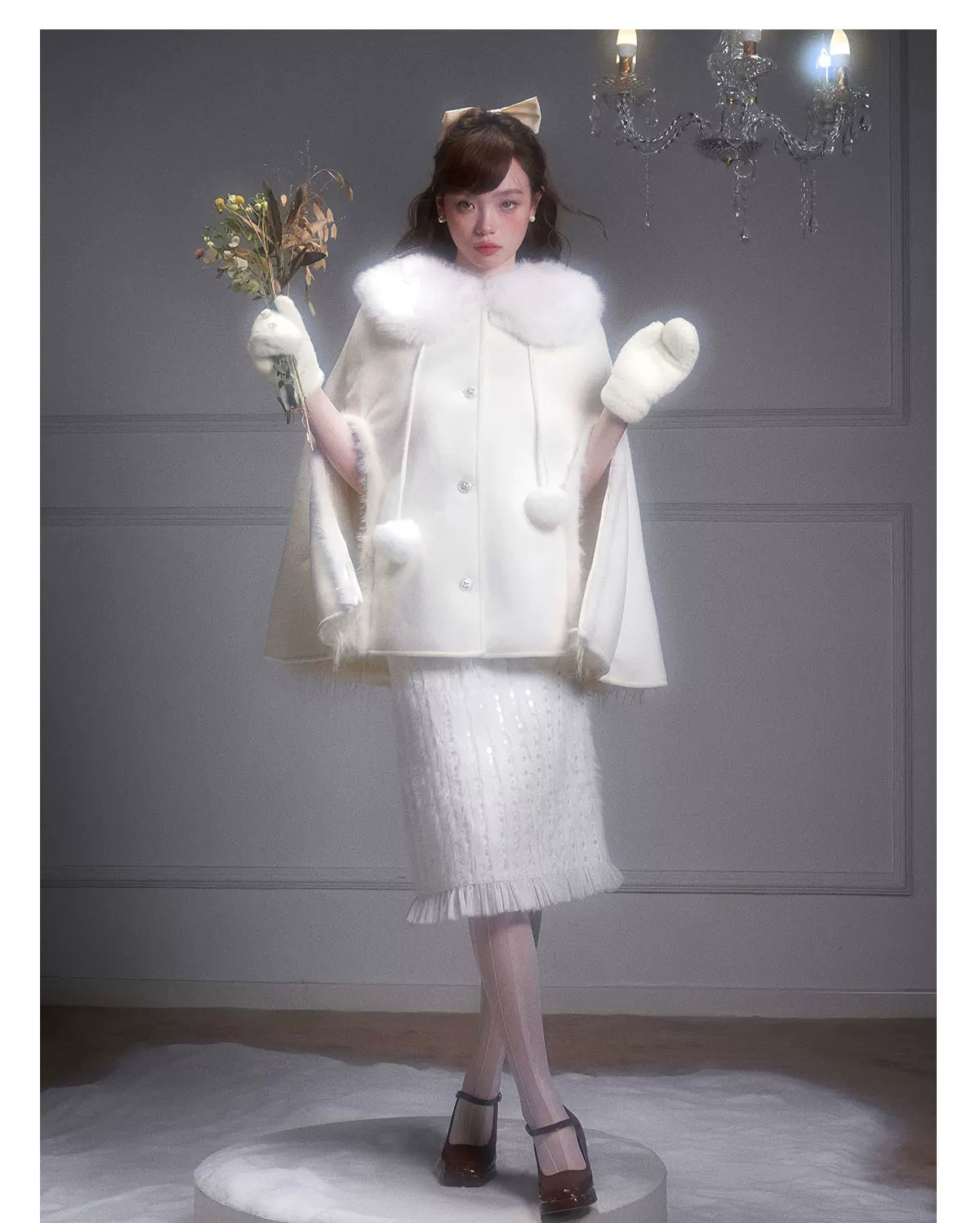 Eco Fur Warm Jacket & Short Skirt & Long Skirt Setup