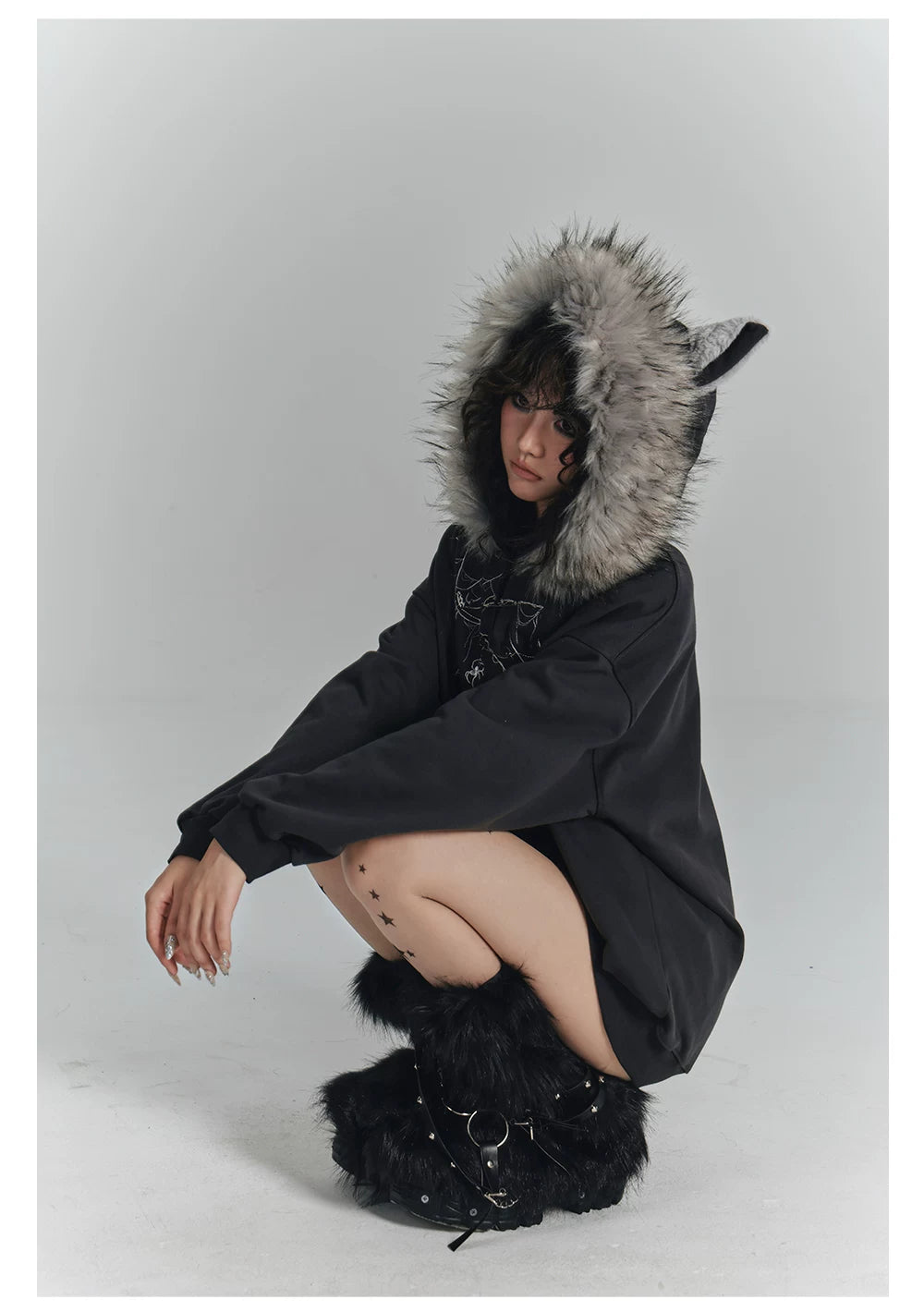 Spider Web Print Fur Collar Cat Ear Oversize Zipper Hoodie