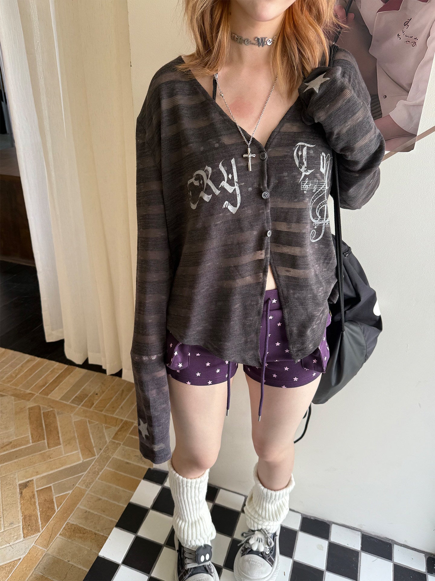 Striped Note Print Star Print Cardigan
