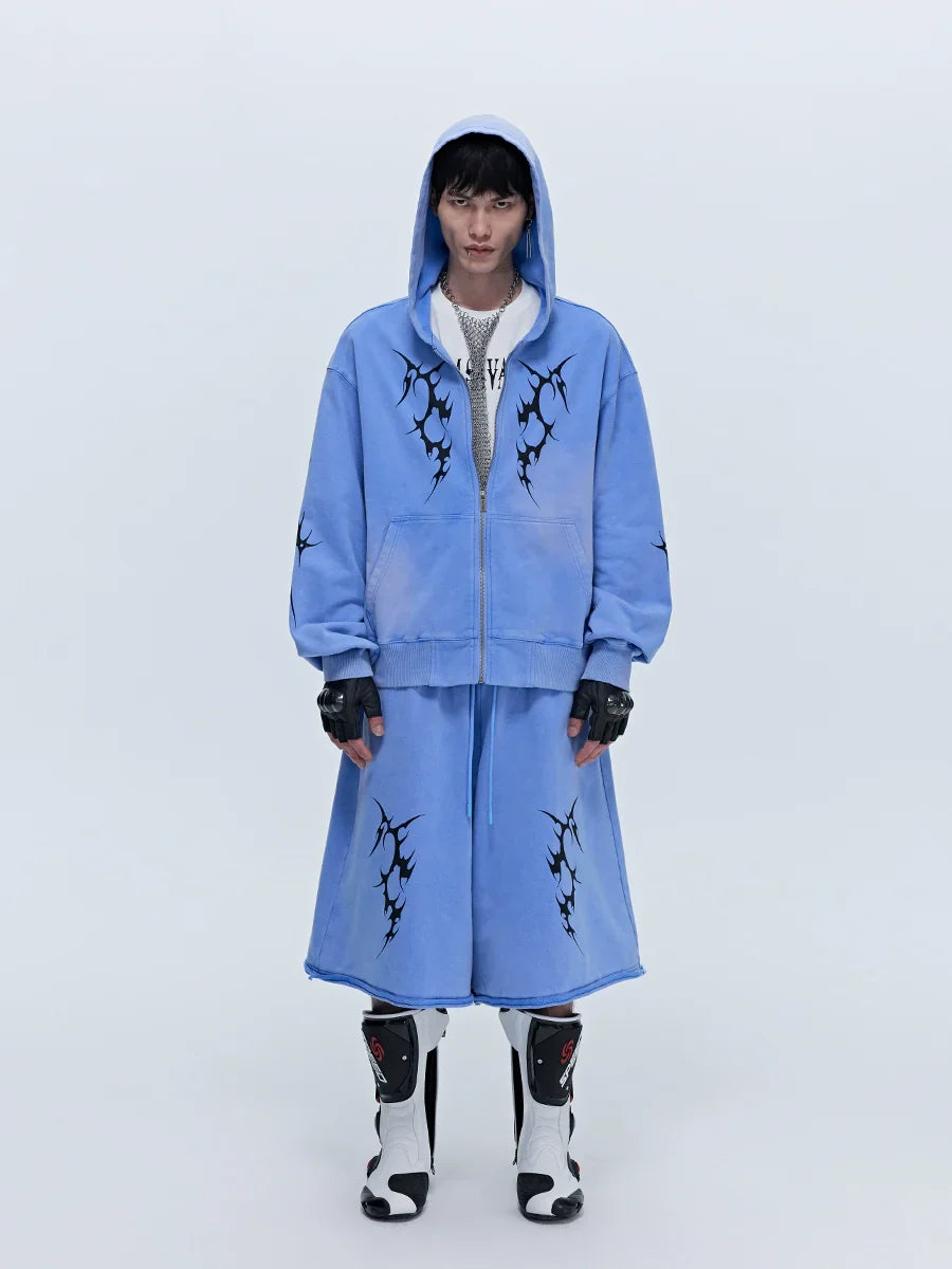 Oversize Washed Print Zipper Hoodie & Wide-leg Half Sweatpants Setup