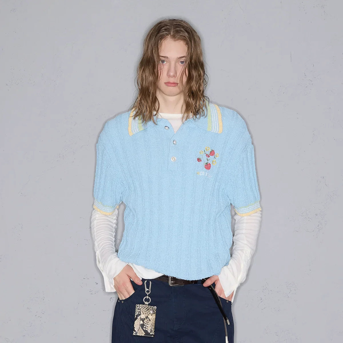 Stripe Glossy Button Embroidery Short Sleeve Polo Shirt
