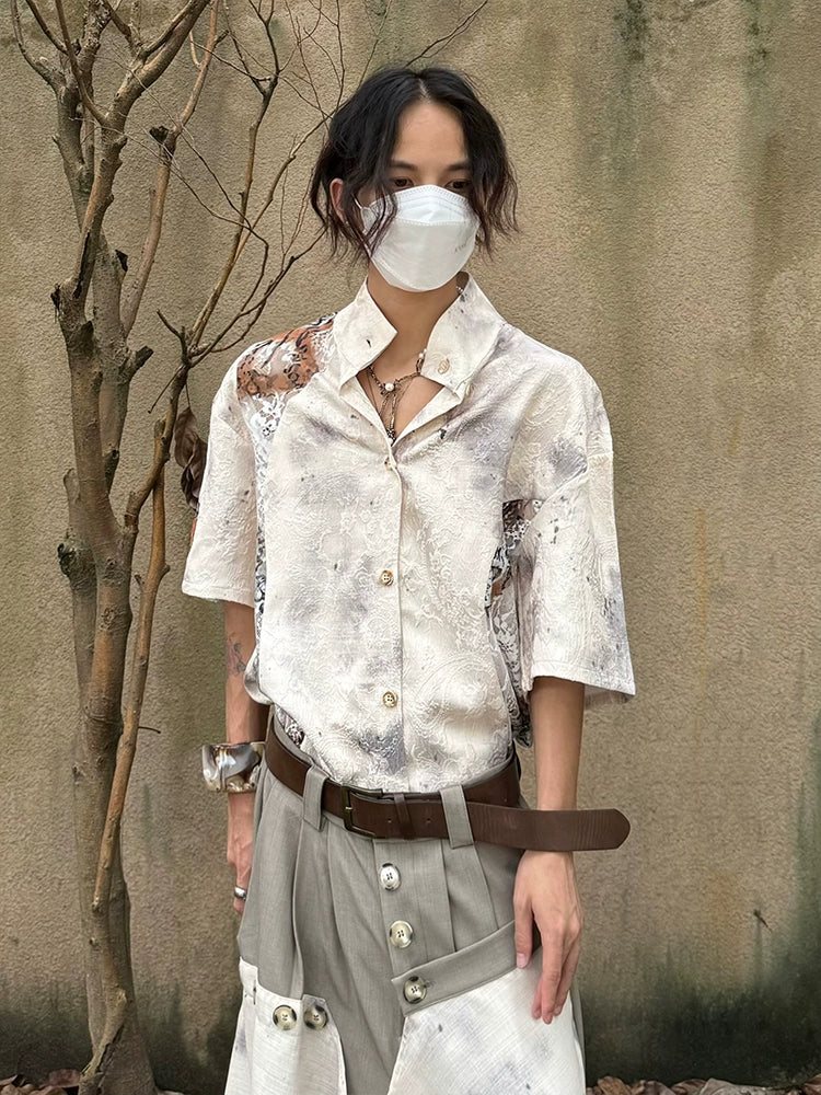 Chinese Style Jacquard Hollow Texture Stand Neck Short Sleeve Shirt