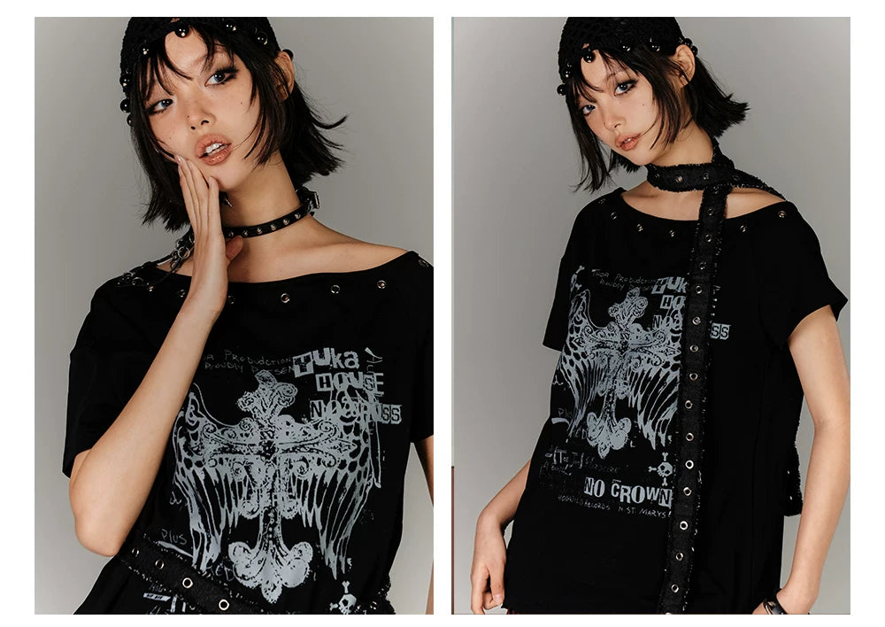 Off-Shoulder Eyelet Graphic Print Short Sleeve T-Shirt & Choker