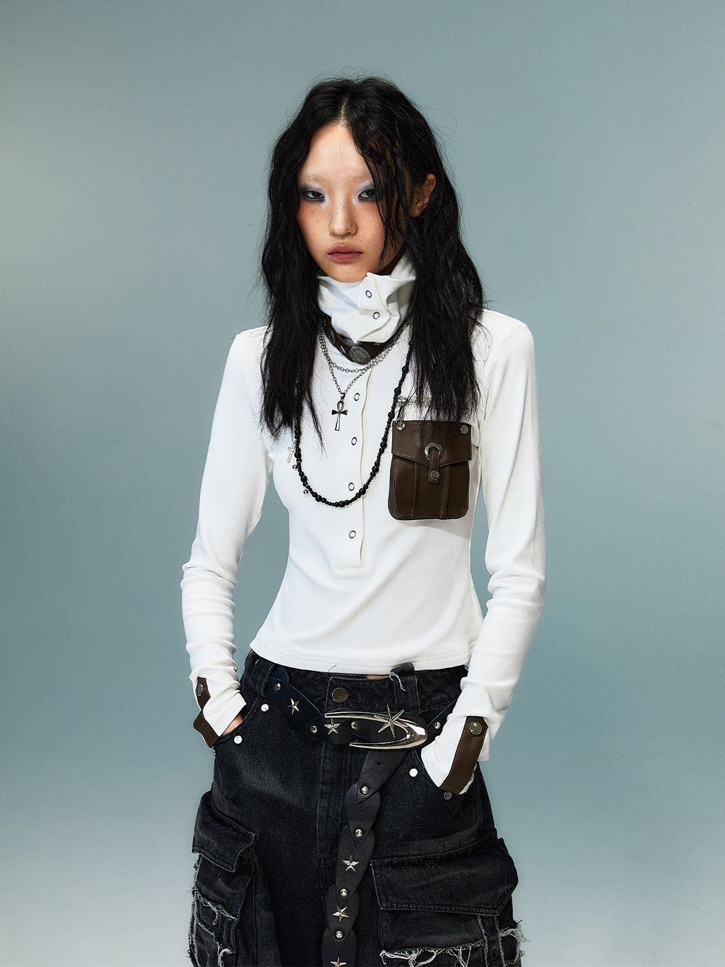 High-Neck Convertible Slim Knit Long Sleeve Shirt