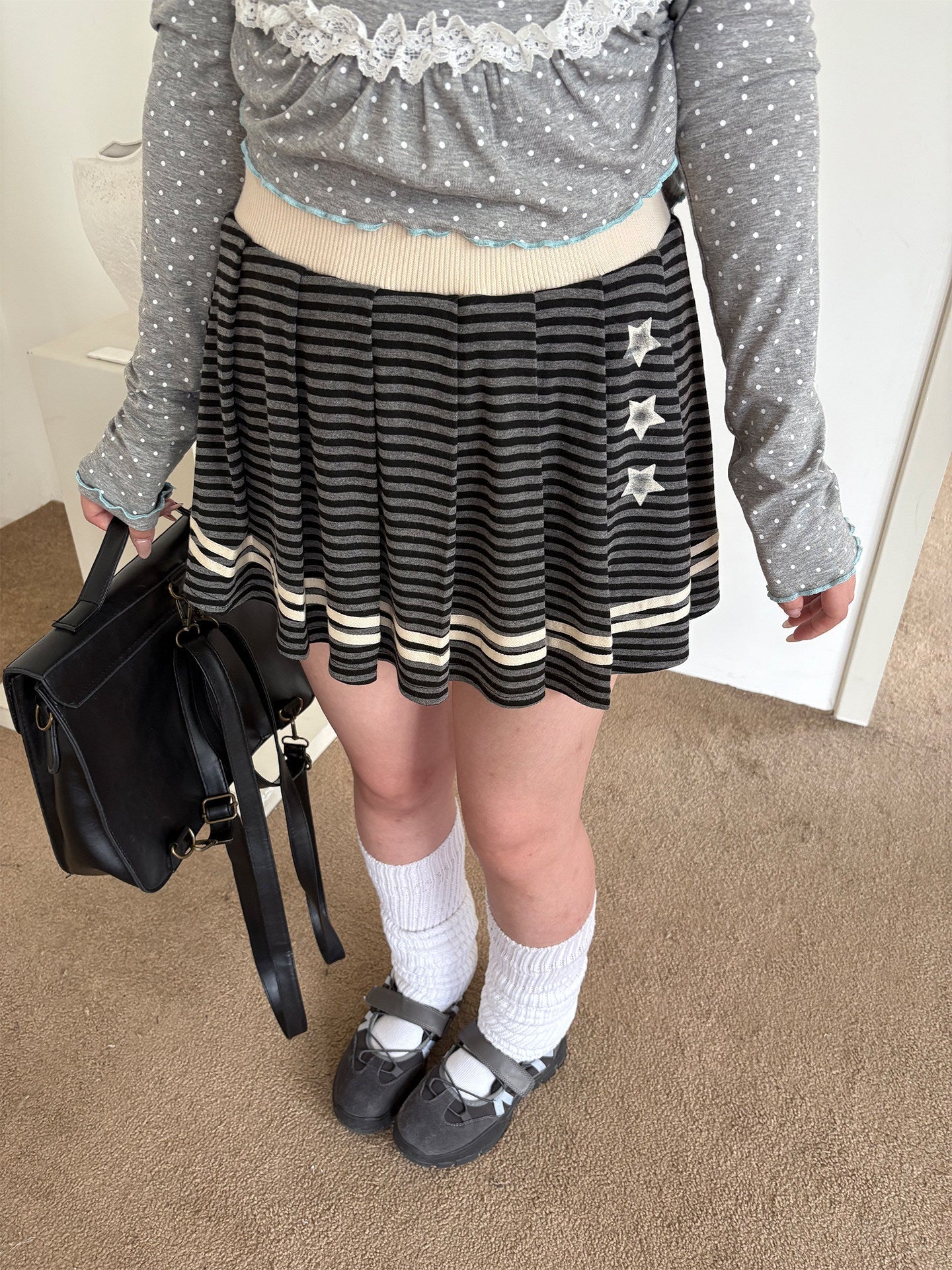 Star Print Pleated Striped Short Skirt