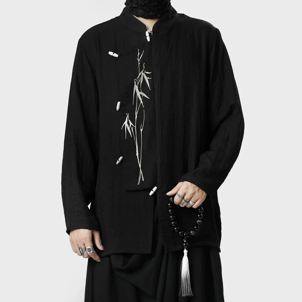 Standing-Collar Asymmetrical Embroidery Long Sleeve Shirt