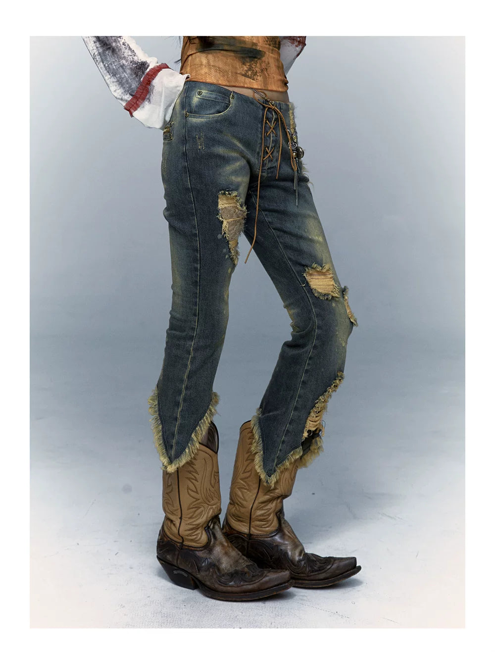 Damage Asymmetric Flare Denim Jeans