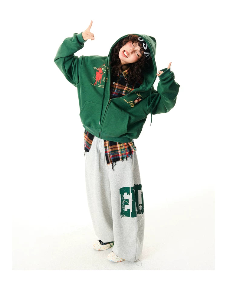 Letter Embroidery Washed Zipper Hoodie
