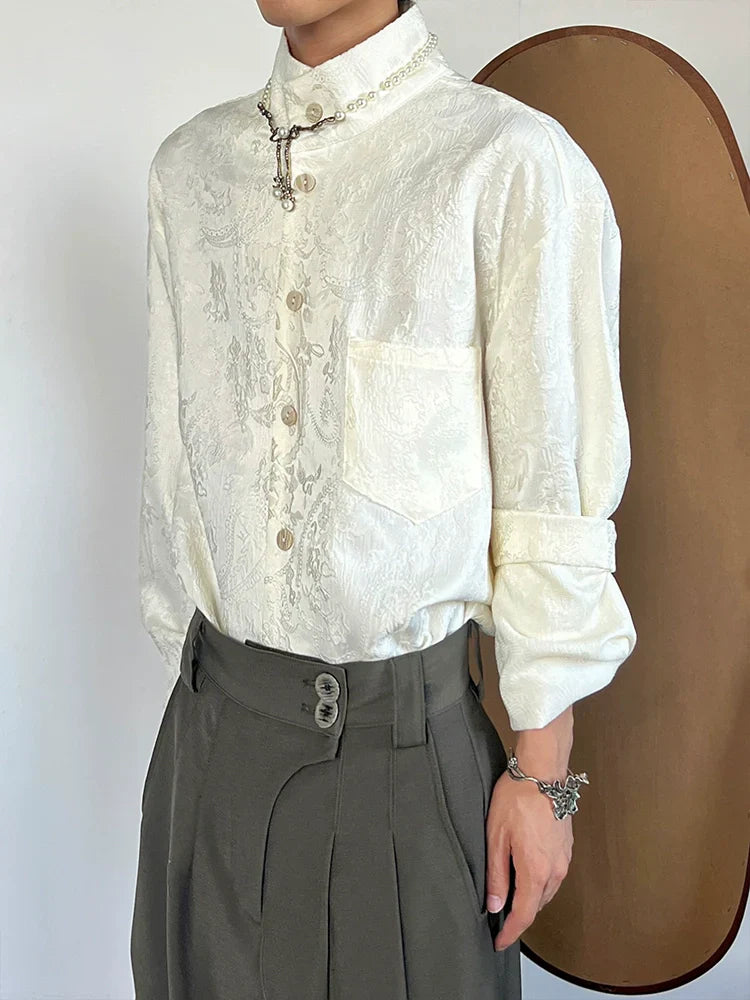Embroidery Jacquard Stand Neck Long Sleeve Shirt