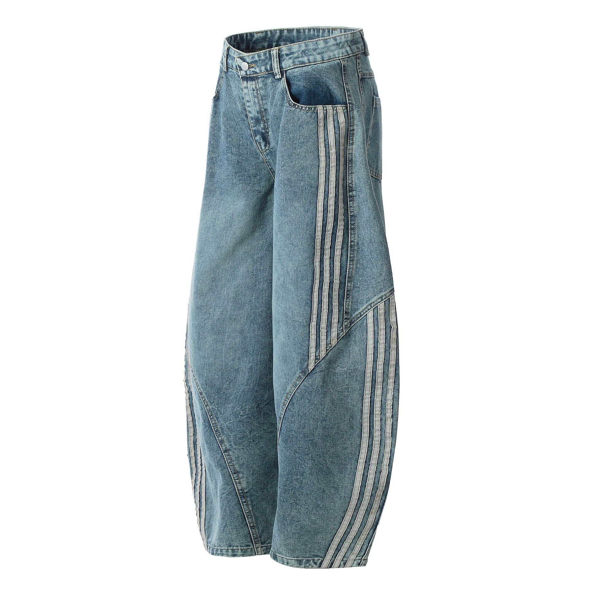 Washed Triple Stripe Panel Design Wide Leg Denim Jeans
