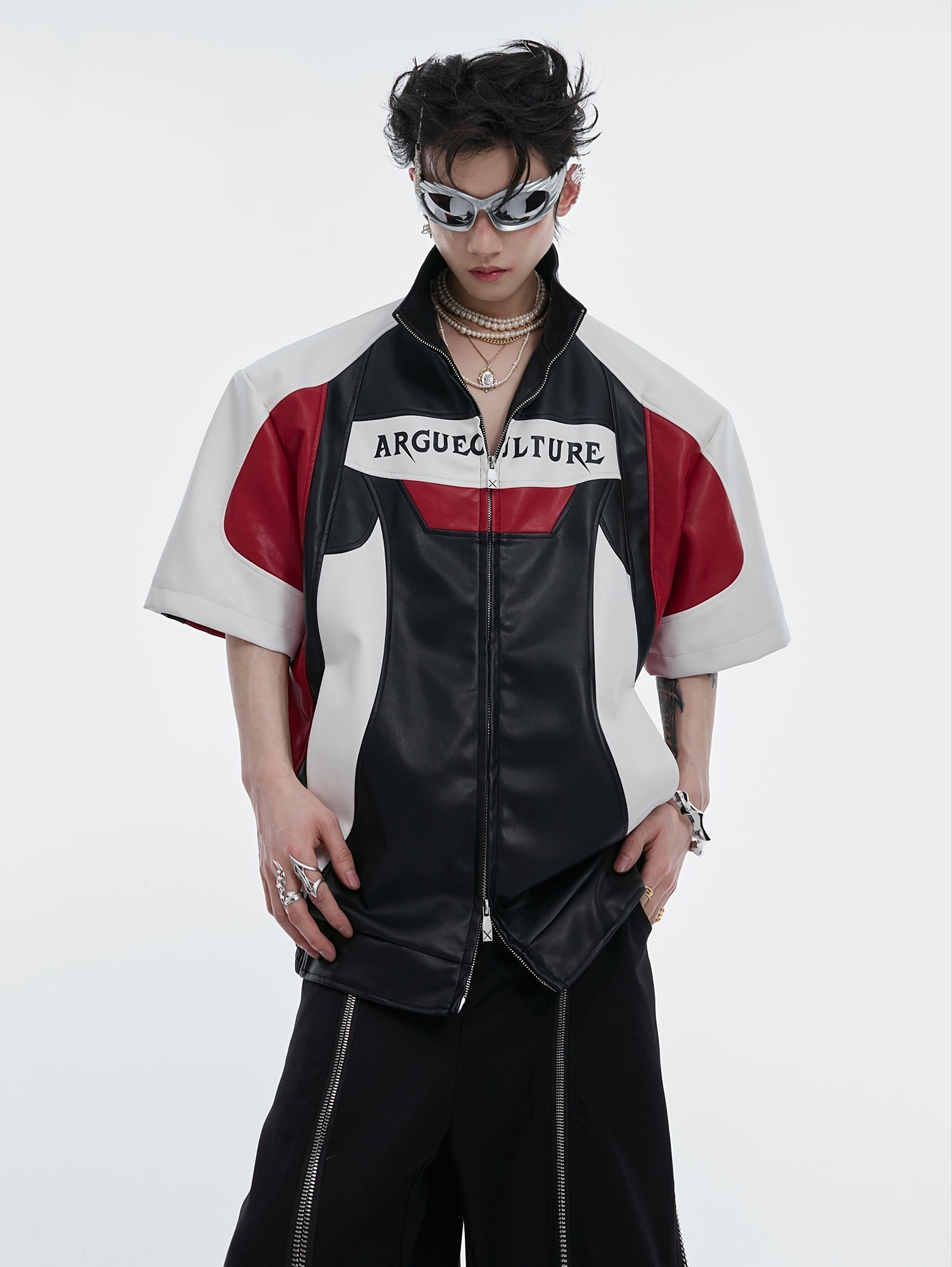 PU Leather Short Sleeve Zipper Jacket
