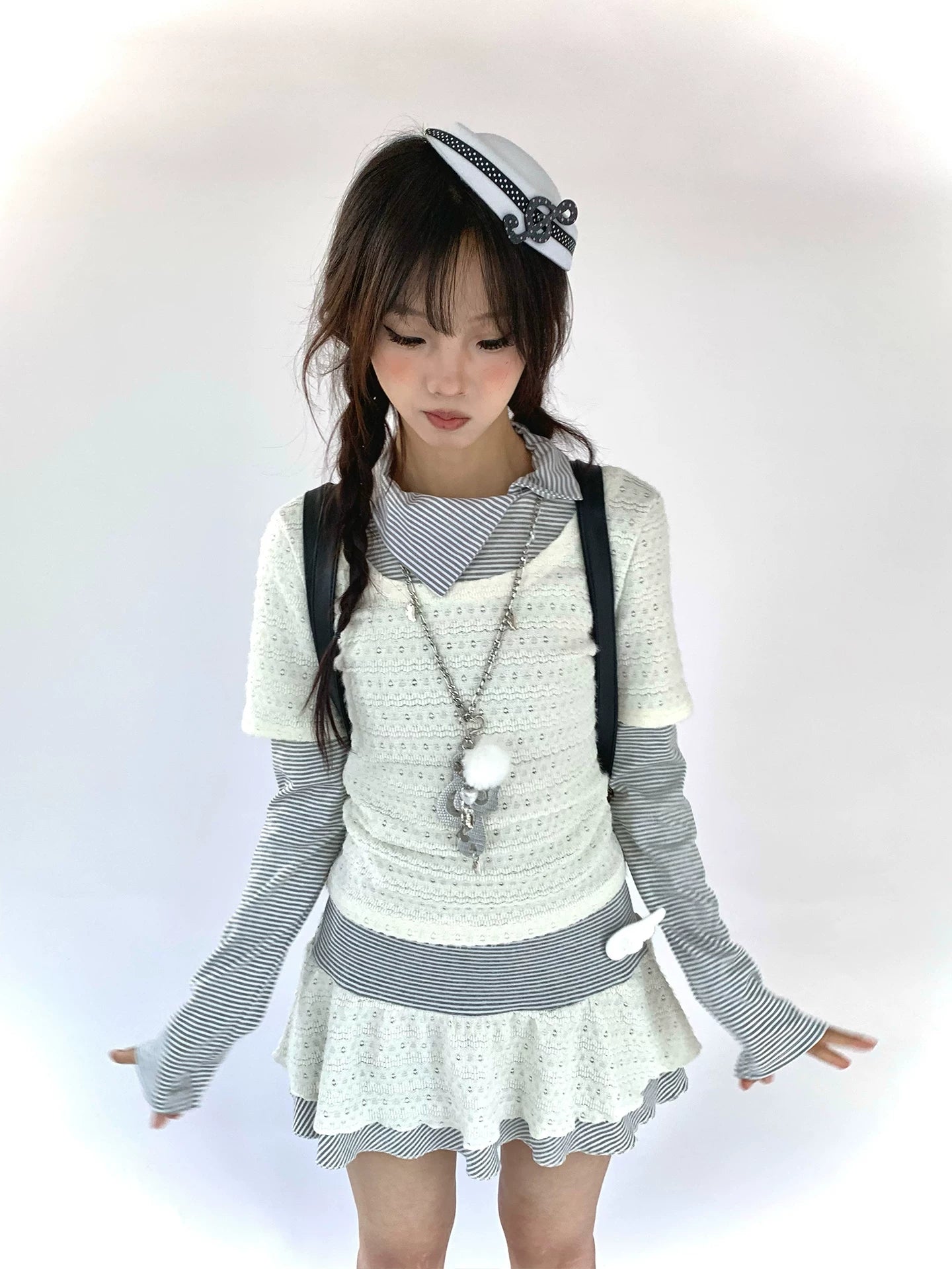 Fake Layered Striped Ruffle A-Line Dress