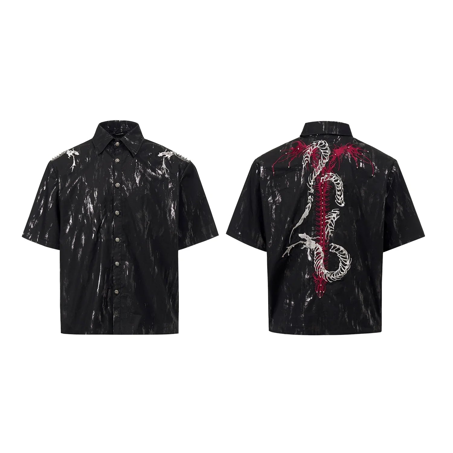 Snake Spine Beaded Foil Print Shoulder-pad Short Sleeve Shirt