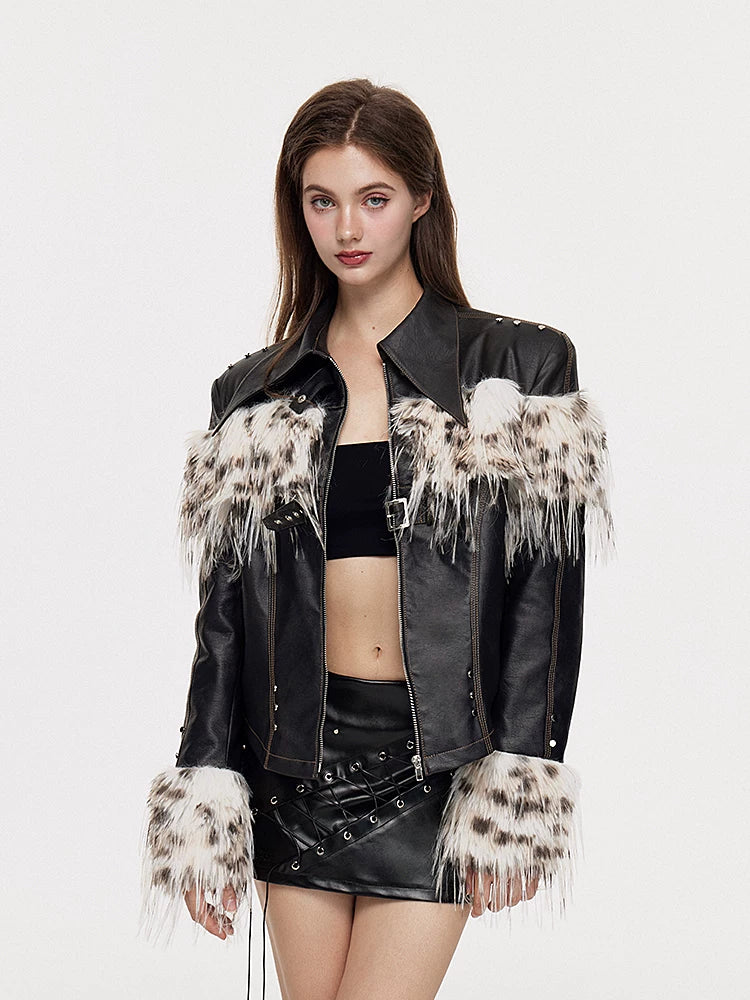 Fake Fur Patchwork Lined Thick PU Leather Jacket