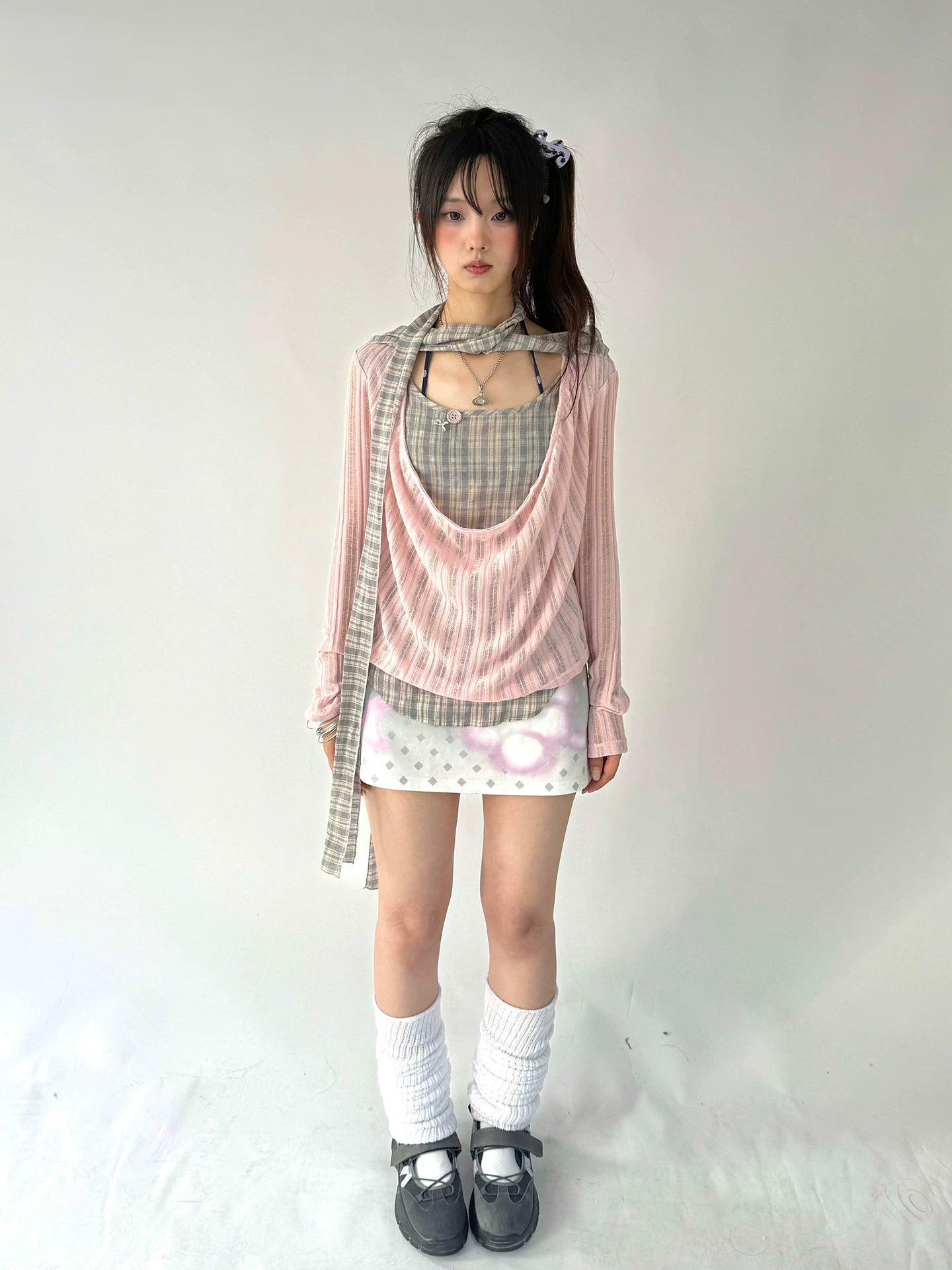 Plaid Ripped Fake Layered Long Sleeve T-Shirt
