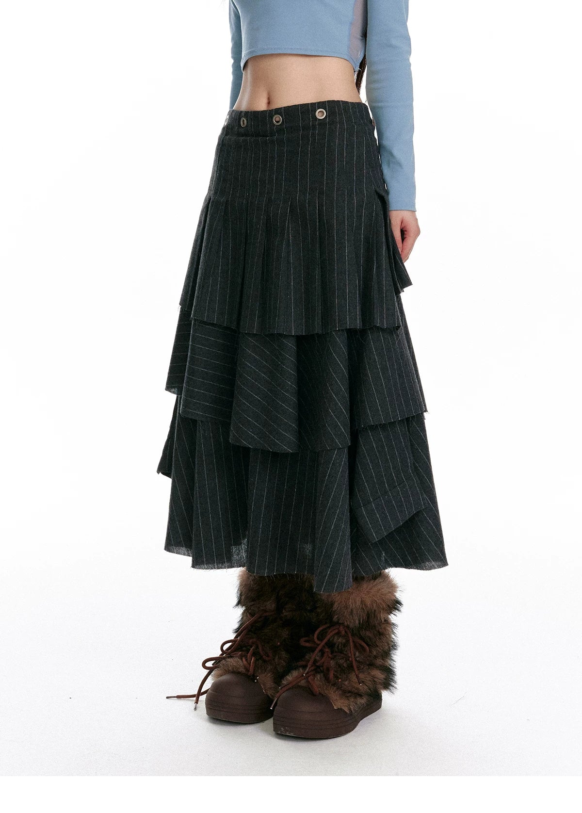 Textured Asymmetrical Striped Midi Ruffle Skirt