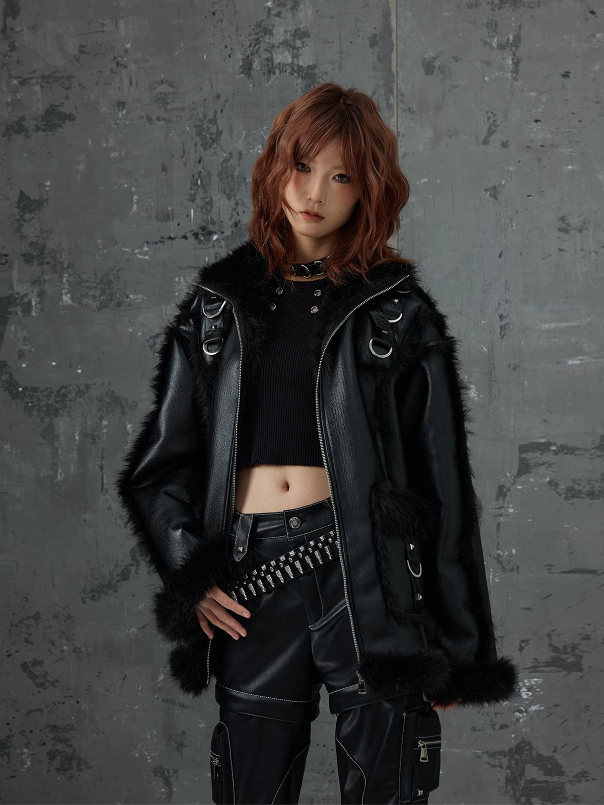Punk Oversize Metal-Accent Shearling Jacket