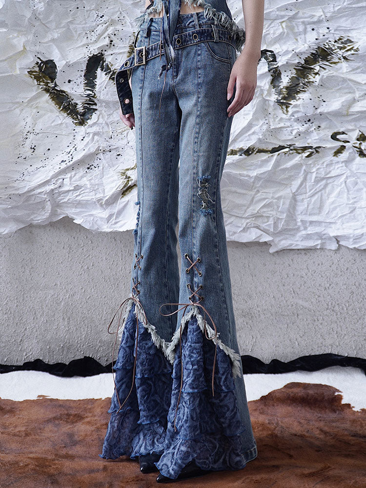 Patchwork Strap Detail Denim Pants