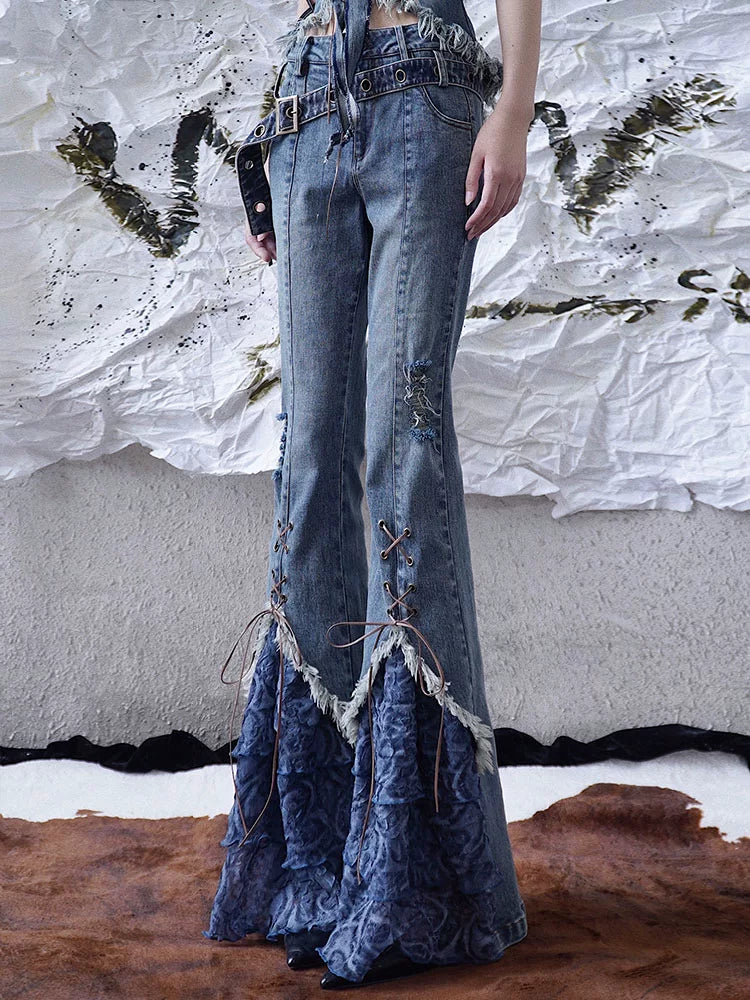 Patchwork Strap Detail Denim Pants