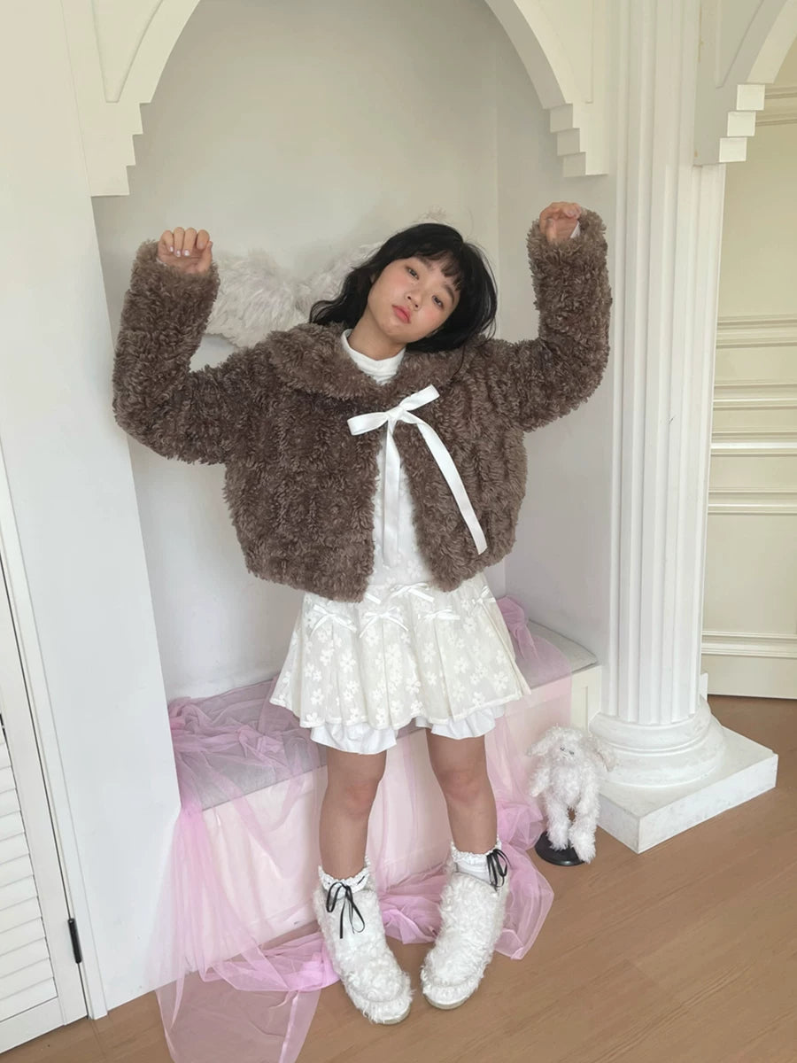 Fake Fur Bow Tie Plush Jacket