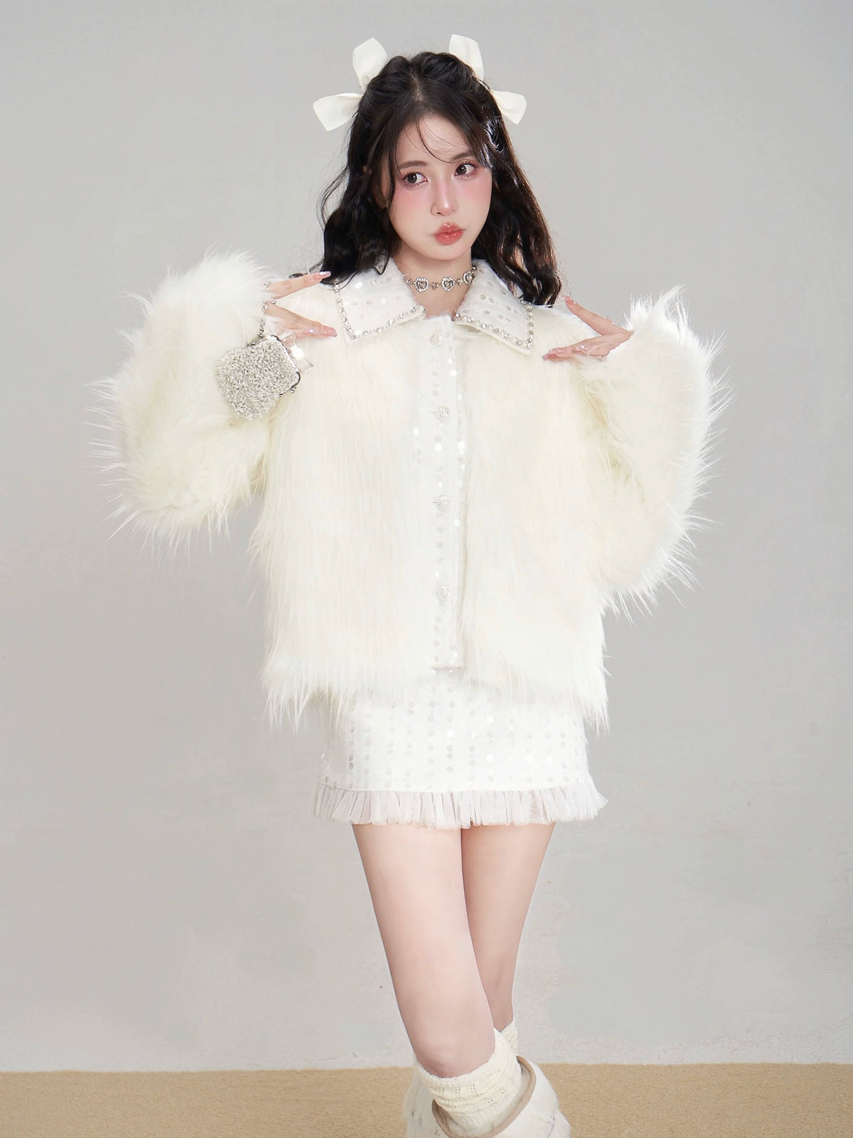 Eco Fur Warm Jacket & Short Skirt & Long Skirt Setup