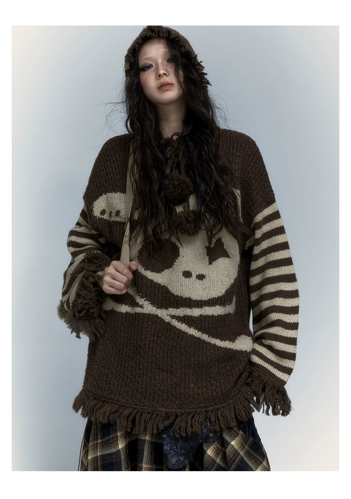 Skull Print Stripe Oversize Knit Hoodie