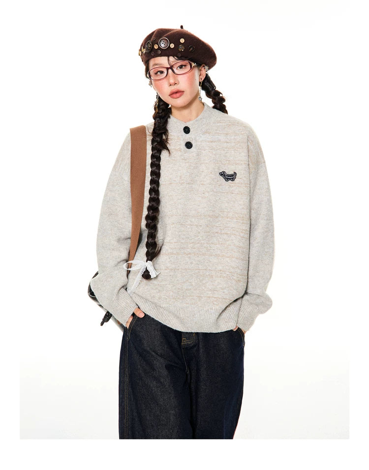 Button-Detail Stand Neck Knit Sweater