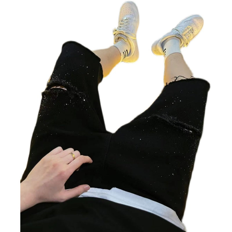 Rhinestone Damage Denim Half Jeans