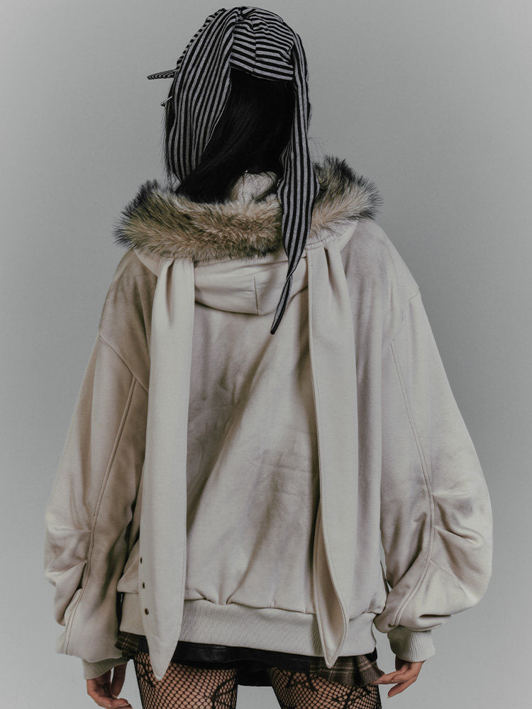 Graphic Fake Fur Hood Bunny Ear Zipper Hoodie Jacket