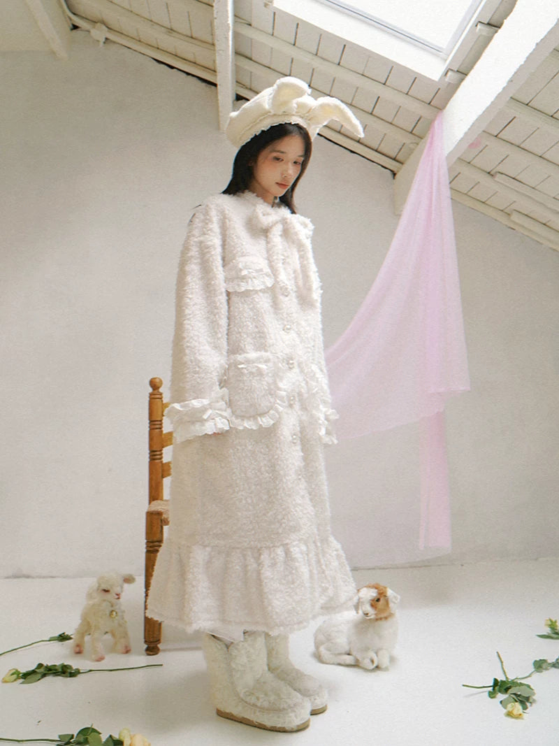 Plush Bow Ruffle Long Coat